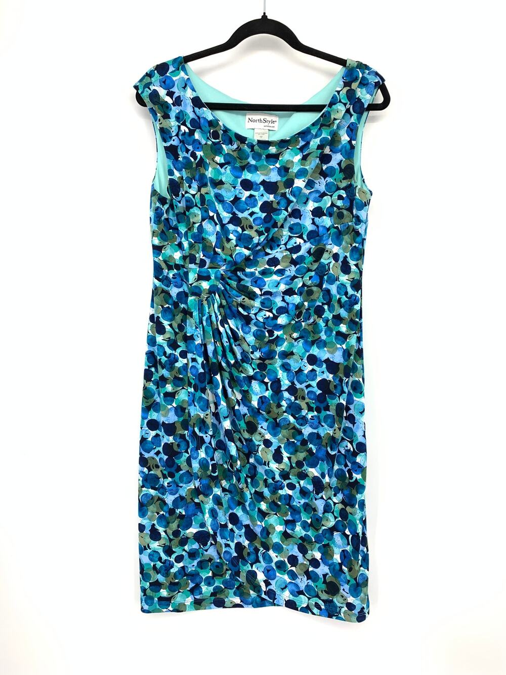 North Style Cap Sleeve Gathered Ruched Front Dress Womens Sz 12P Blue Green
